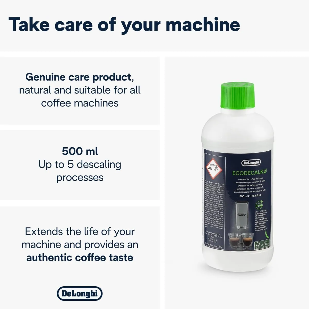 De'Longhi Original EcoDecalk DLSC502-Entkalker für Kaffeemaschinen & Kaffeevollautomaten,EXKLUSIV BEI AMAZON,Universal Kalklöser für 10 Entkalkungsvorgänge,enthält natürliche Rohstoffe,2x500ml,Weiß — Bild 2