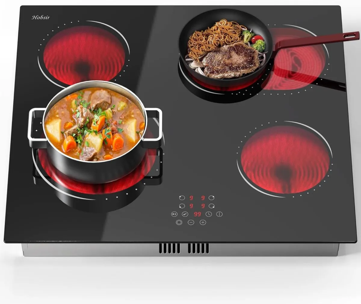 Hobsir Glaskeramikkochfeld 4 Platten, Kochfelder Autark mit Ovale Zone und äußere Flex-Zone, Touch-Bedienung, 60cm Einbau, 6600W, 9 Leistungsstufe, verkabelt, kein Stecker, 240V