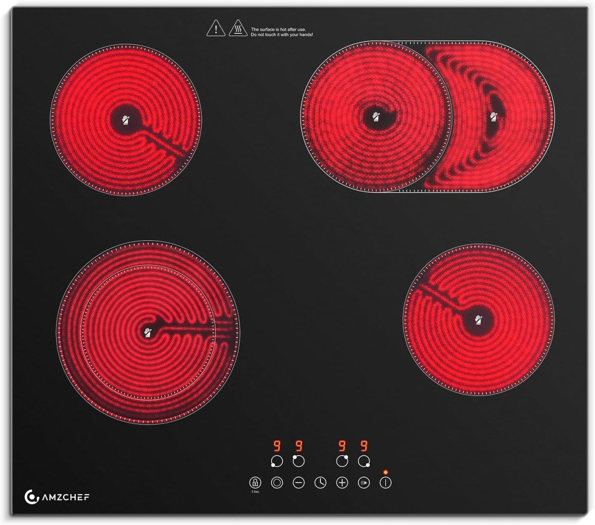 AMZCHEF Glaskeramikkochfeld 4 Platten 7200W, Herdplatte 4 Kochfelder 60 cm, 9 Leistungsstufen, Dual-/Ovalzonen für Grillen, Heizpause-Funktion, Kompatibel mit allem Kochgeschirr