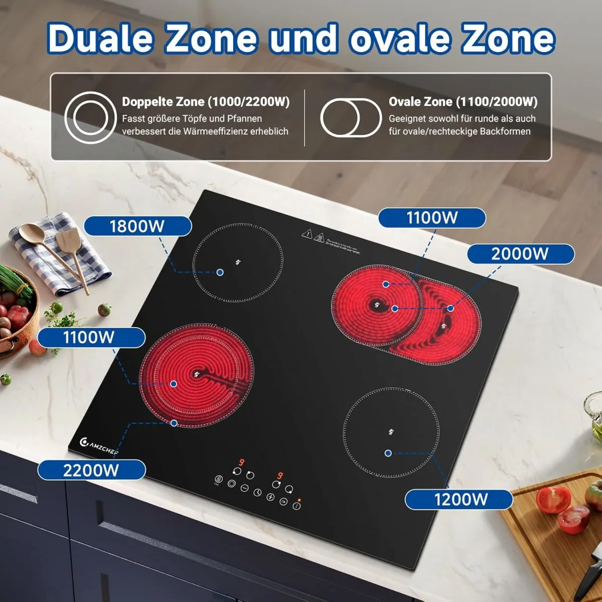 AMZCHEF Glaskeramikkochfeld 4 Platten 7200W, Herdplatte 4 Kochfelder 60 cm, 9 Leistungsstufen, Dual-/Ovalzonen für Grillen, Heizpause-Funktion, Kompatibel mit allem Kochgeschirr — Bild 2