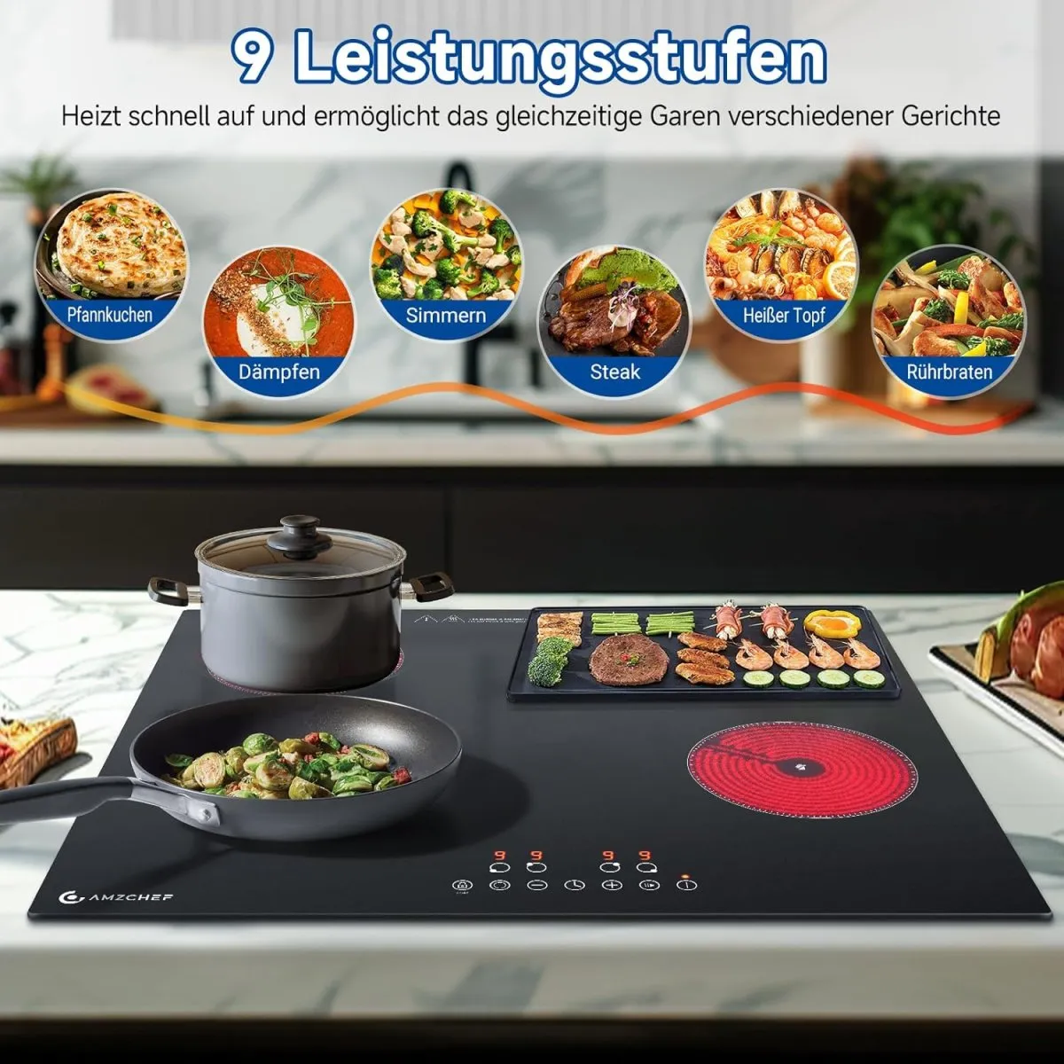 AMZCHEF Glaskeramikkochfeld 4 Platten 7200W, Herdplatte 4 Kochfelder 60 cm, 9 Leistungsstufen, Dual-/Ovalzonen für Grillen, Heizpause-Funktion, Kompatibel mit allem Kochgeschirr — Bild 3
