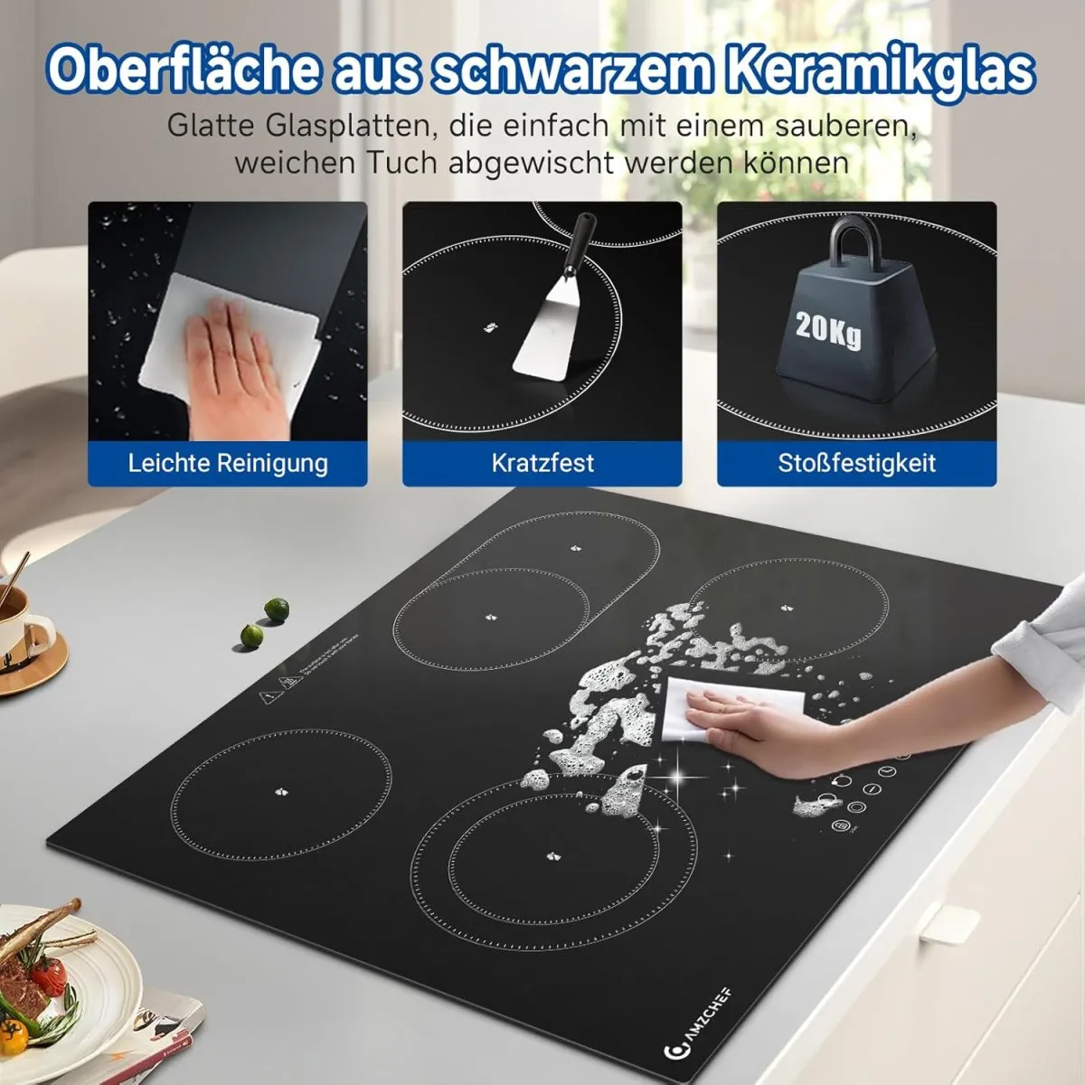 AMZCHEF Glaskeramikkochfeld 4 Platten 7200W, Herdplatte 4 Kochfelder 60 cm, 9 Leistungsstufen, Dual-/Ovalzonen für Grillen, Heizpause-Funktion, Kompatibel mit allem Kochgeschirr — Bild 4
