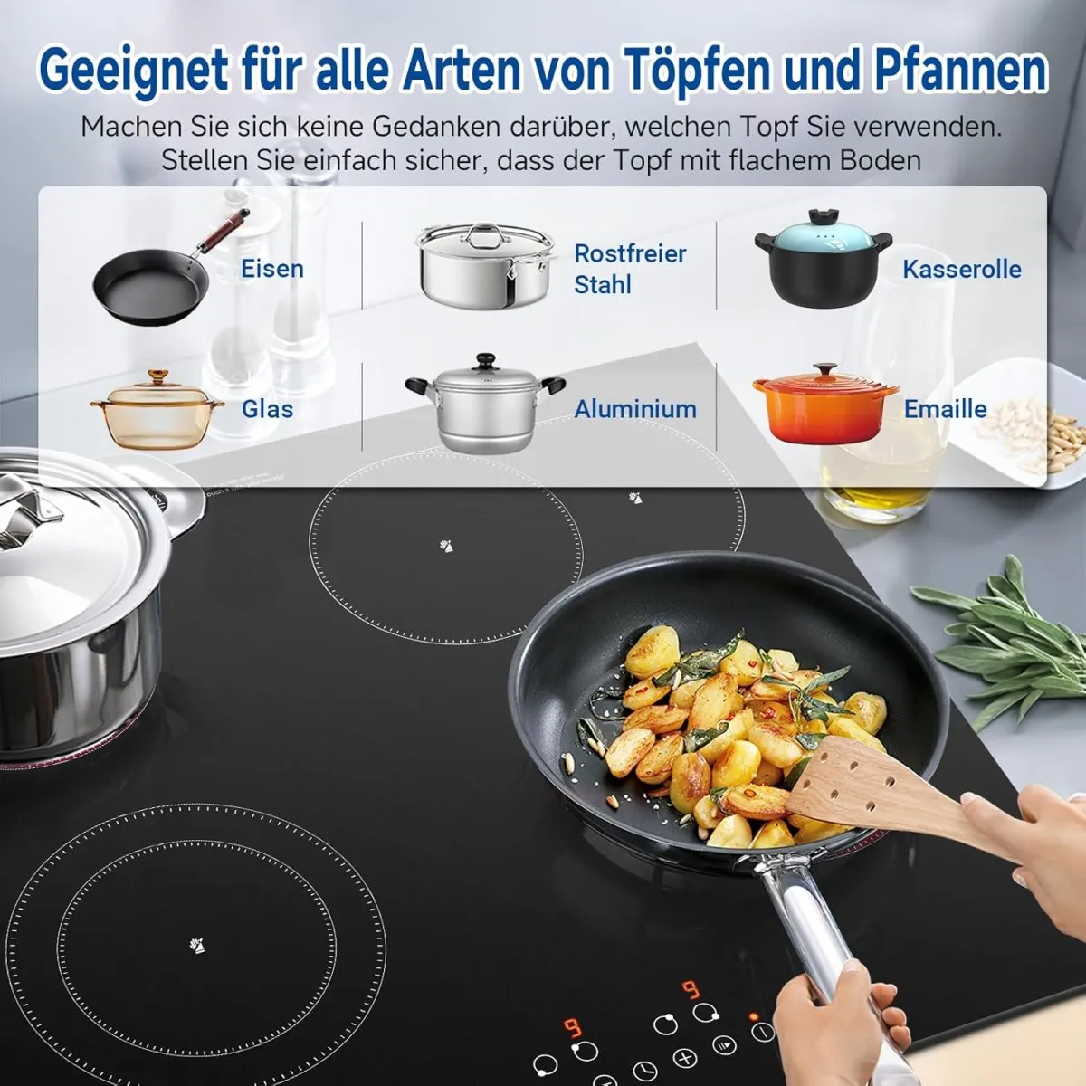 AMZCHEF Glaskeramikkochfeld 4 Platten 7200W, Herdplatte 4 Kochfelder 60 cm, 9 Leistungsstufen, Dual-/Ovalzonen für Grillen, Heizpause-Funktion, Kompatibel mit allem Kochgeschirr — Bild 5