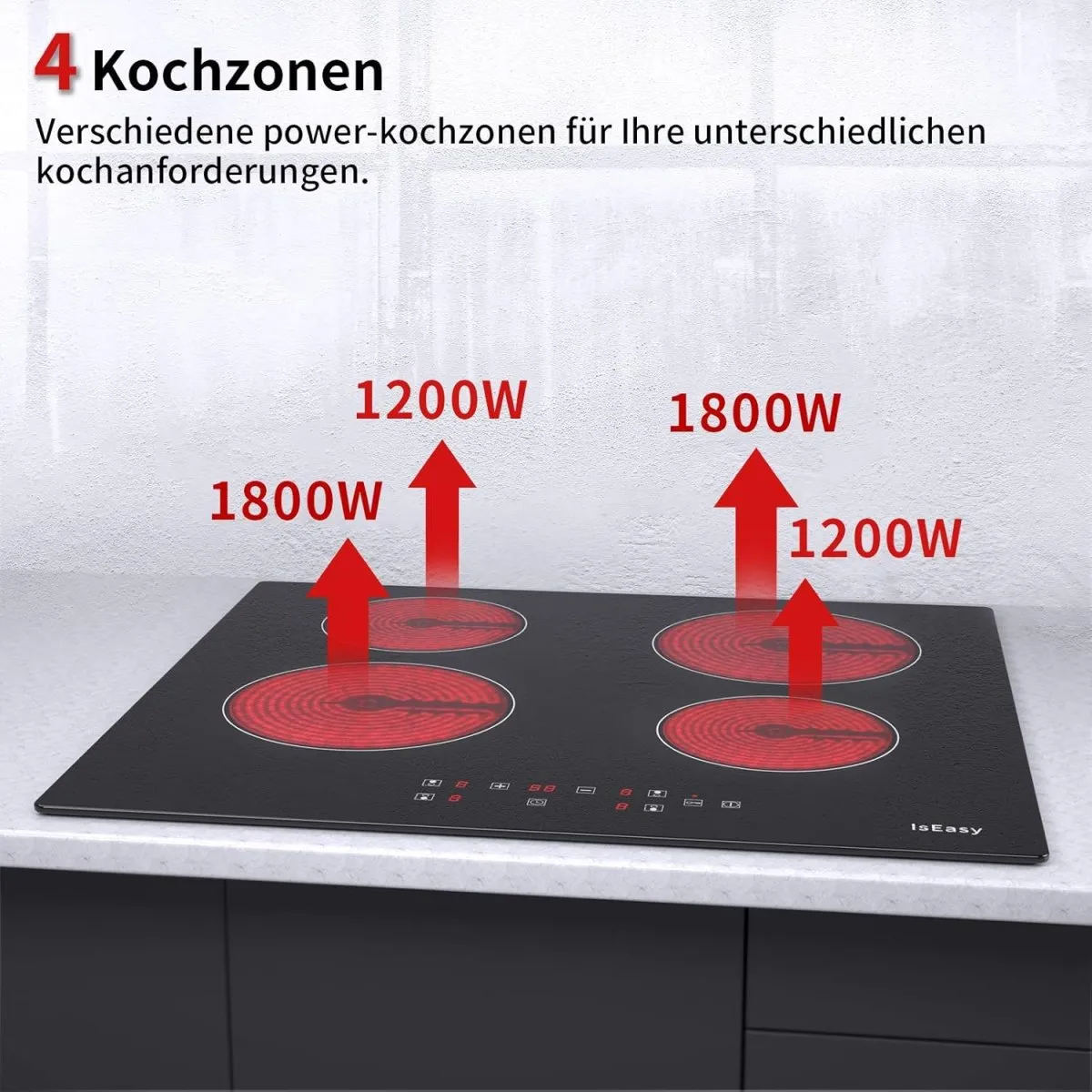 IsEasy Glaskeramikkochfeld, 6000W 59cm, 4 Kochzonen Kochfelder, Verdrahtung, Einbau Elektro Autark Rahmenlos, 9 Heizstufen, Passend für die Meisten Töpfe — Bild 2