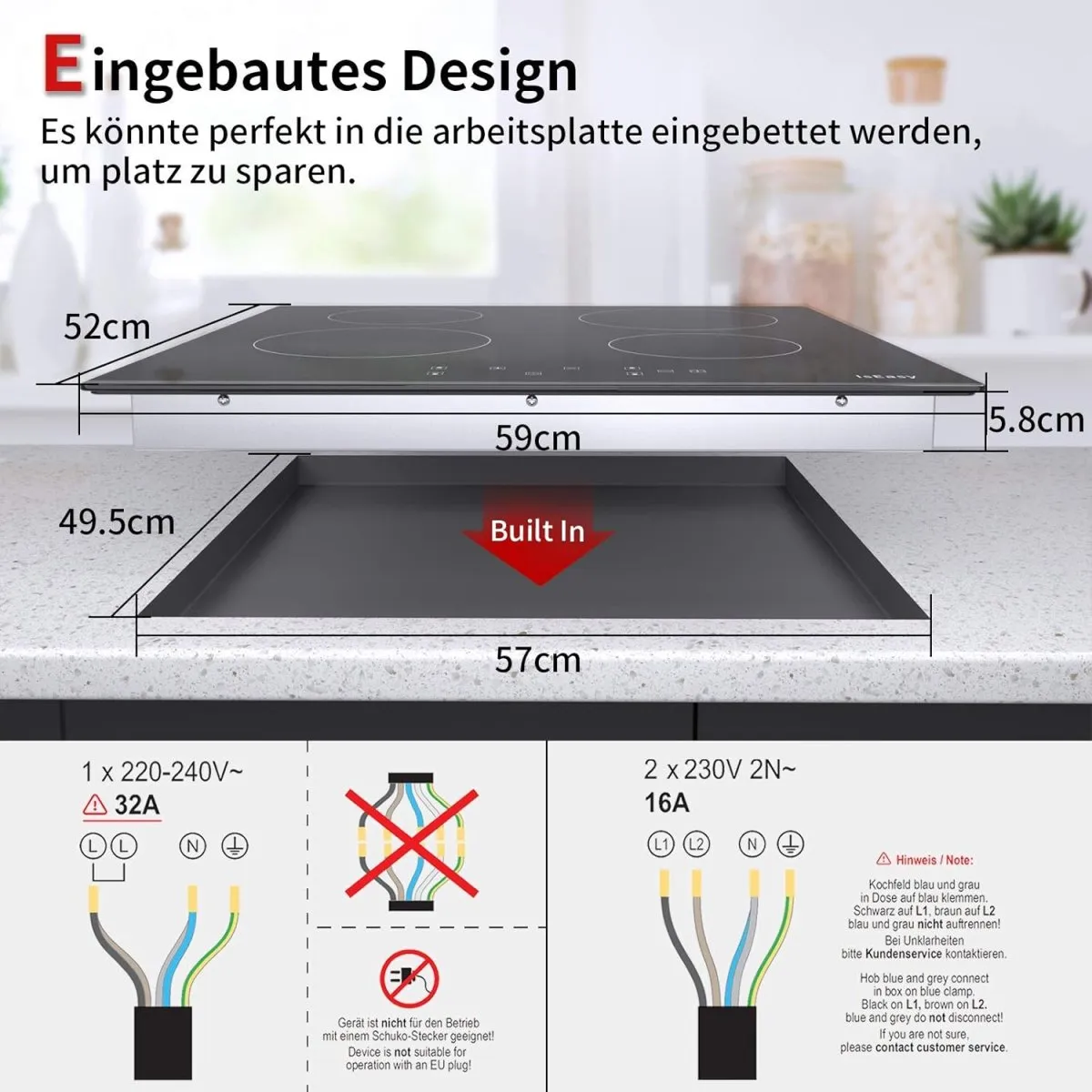 IsEasy Glaskeramikkochfeld, 6000W 59cm, 4 Kochzonen Kochfelder, Verdrahtung, Einbau Elektro Autark Rahmenlos, 9 Heizstufen, Passend für die Meisten Töpfe — Bild 6