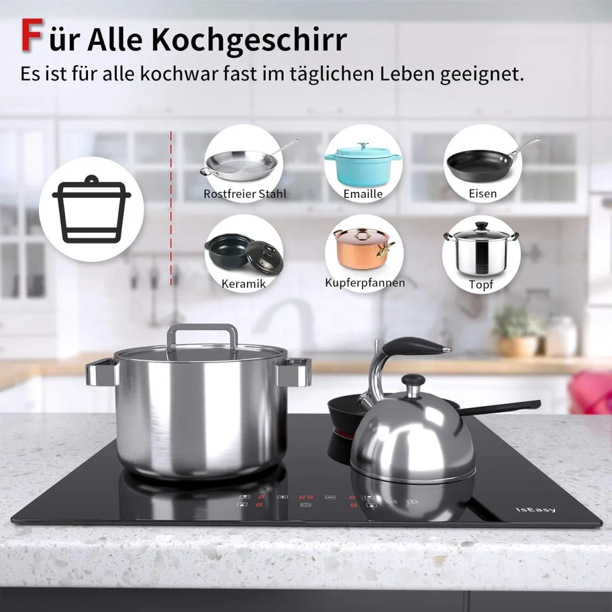 IsEasy Glaskeramikkochfeld, 6000W 59cm, 4 Kochzonen Kochfelder, Verdrahtung, Einbau Elektro Autark Rahmenlos, 9 Heizstufen, Passend für die Meisten Töpfe — Bild 7