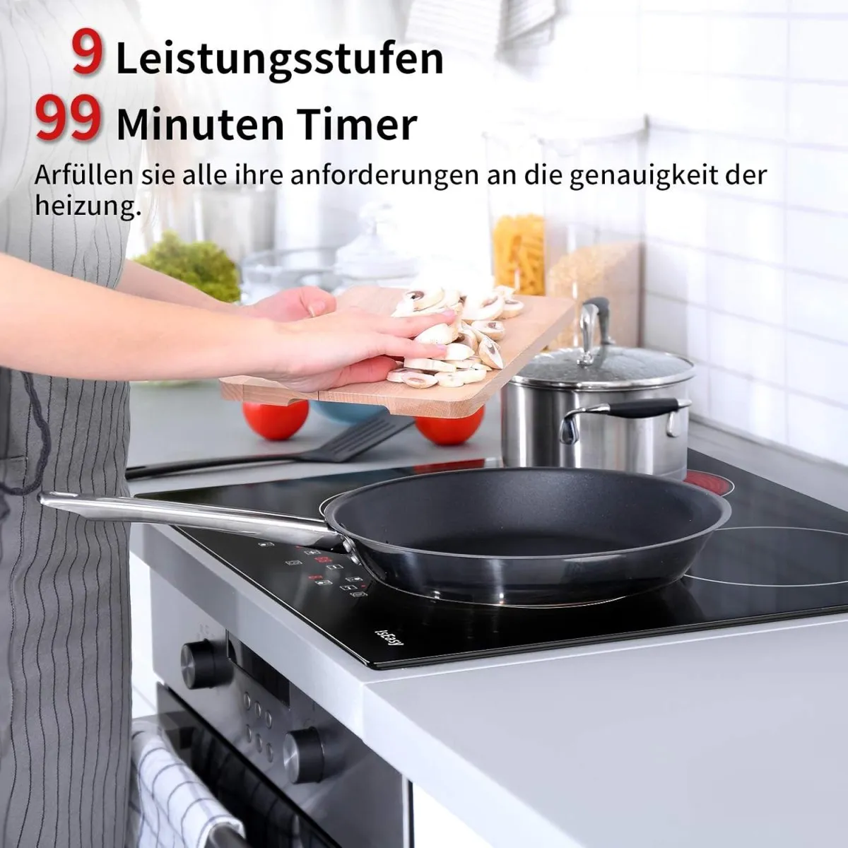 IsEasy Glaskeramikkochfeld, 6000W 59cm, 4 Kochzonen Kochfelder, Verdrahtung, Einbau Elektro Autark Rahmenlos, 9 Heizstufen, Passend für die Meisten Töpfe — Bild 8
