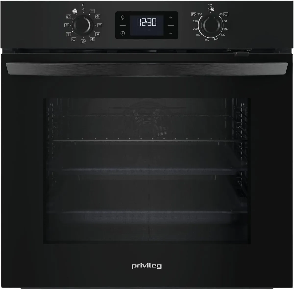 Privileg PBA285HR0K Einbaubackofen, A plus, 71 Liter, Hydrolyse-Reinigungsfunktion, Heißluftbackofen mit 11 Funktionen, Turn und Go, Black Glass