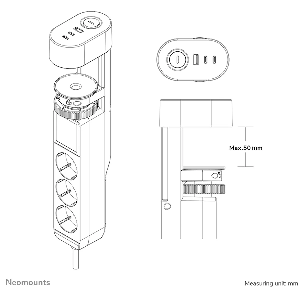 Neomounts Steckdosenleiste - USB-C + USB-A - 230 V - 3680 Watt - Ausgang: 3 (2 x 24-poliger USB-C (PD) - Weiß, Ansicht 2