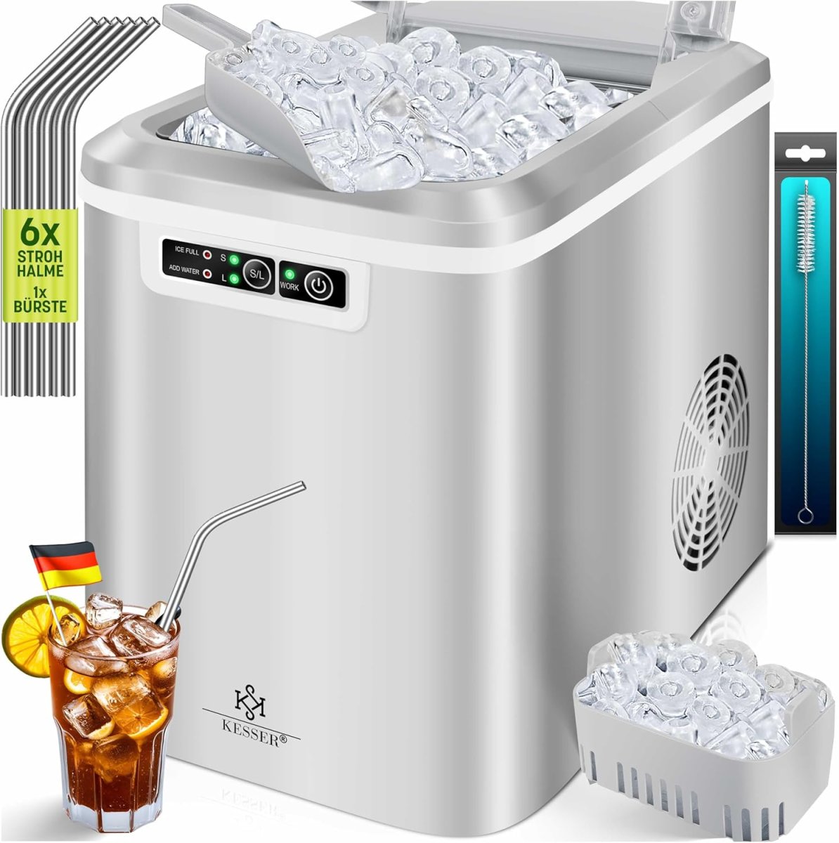 Eiswürfelmaschine Edelstahl | Ice Maker | 12 in 24h | Zubereitung in 7 min | 2,2 Liter Wassertank | 2 Eiswürfel-Größen | LED-Display | Selbstreinigungsfunktion mit Zubehör
