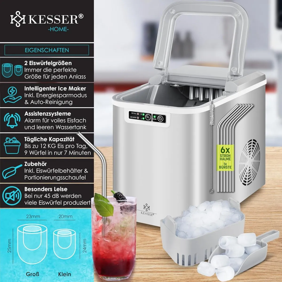Eiswürfelmaschine Edelstahl | Ice Maker | 12 in 24h | Zubereitung in 7 min | 2,2 Liter Wassertank | 2 Eiswürfel-Größen | LED-Display | Selbstreinigungsfunktion mit Zubehör — Bild 2