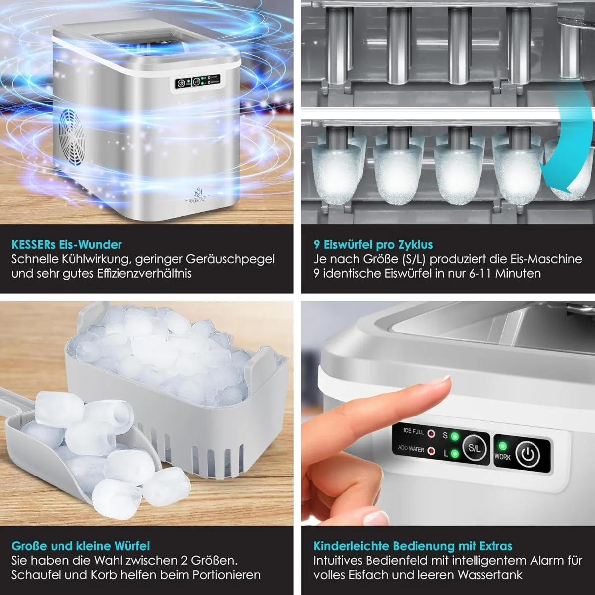 Eiswürfelmaschine Edelstahl | Ice Maker | 12 in 24h | Zubereitung in 7 min | 2,2 Liter Wassertank | 2 Eiswürfel-Größen | LED-Display | Selbstreinigungsfunktion mit Zubehör — Bild 3