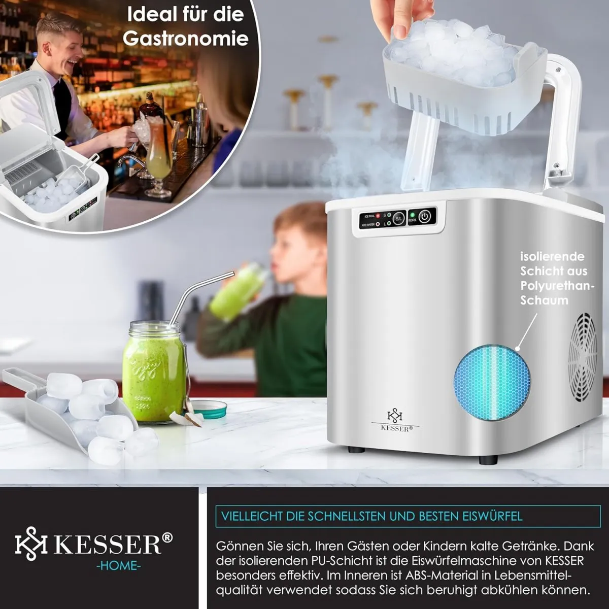 Eiswürfelmaschine Edelstahl | Ice Maker | 12 in 24h | Zubereitung in 7 min | 2,2 Liter Wassertank | 2 Eiswürfel-Größen | LED-Display | Selbstreinigungsfunktion mit Zubehör — Bild 4