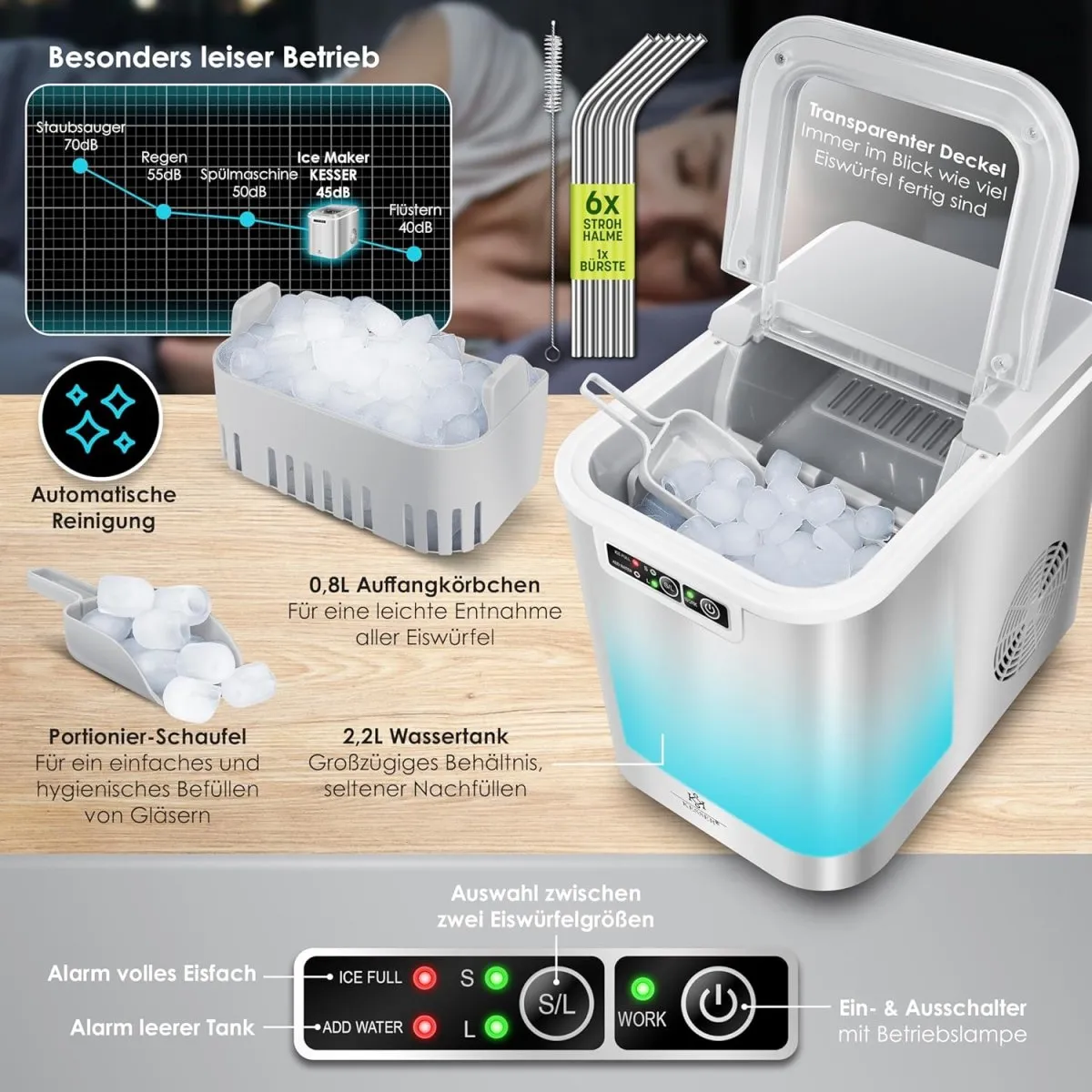 Eiswürfelmaschine Edelstahl | Ice Maker | 12 in 24h | Zubereitung in 7 min | 2,2 Liter Wassertank | 2 Eiswürfel-Größen | LED-Display | Selbstreinigungsfunktion mit Zubehör — Bild 6