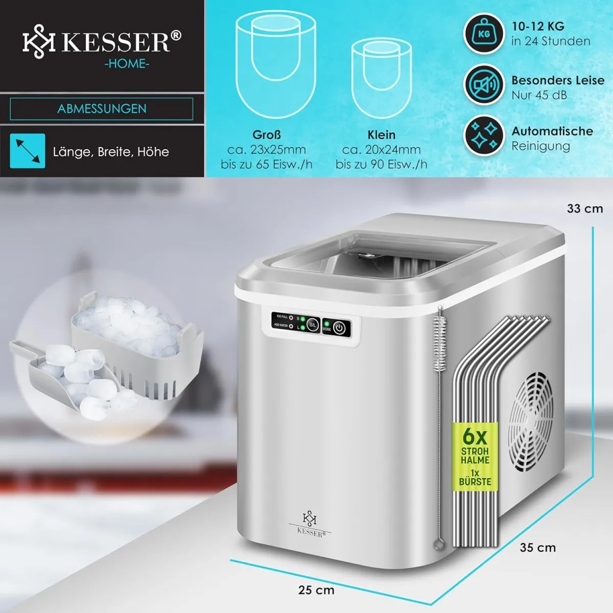 Eiswürfelmaschine Edelstahl | Ice Maker | 12 in 24h | Zubereitung in 7 min | 2,2 Liter Wassertank | 2 Eiswürfel-Größen | LED-Display | Selbstreinigungsfunktion mit Zubehör — Bild 7