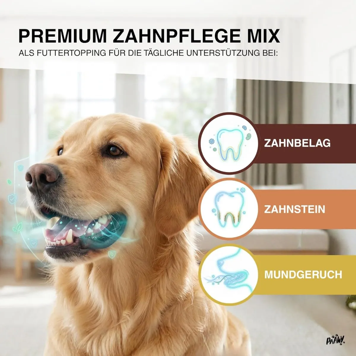 Dental Pulver für Hunde - 9-in-1 Wirkstoff-Komplex Made in Germany - Zahnsteinentferner & Anti-Mundgeruch Futtertopping - einfache Zahnpflege beim Hund - Zahnputzflocken für tägliche Reinigung — Bild 3