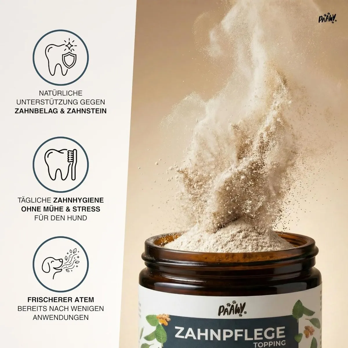 Dental Pulver für Hunde - 9-in-1 Wirkstoff-Komplex Made in Germany - Zahnsteinentferner & Anti-Mundgeruch Futtertopping - einfache Zahnpflege beim Hund - Zahnputzflocken für tägliche Reinigung — Bild 5