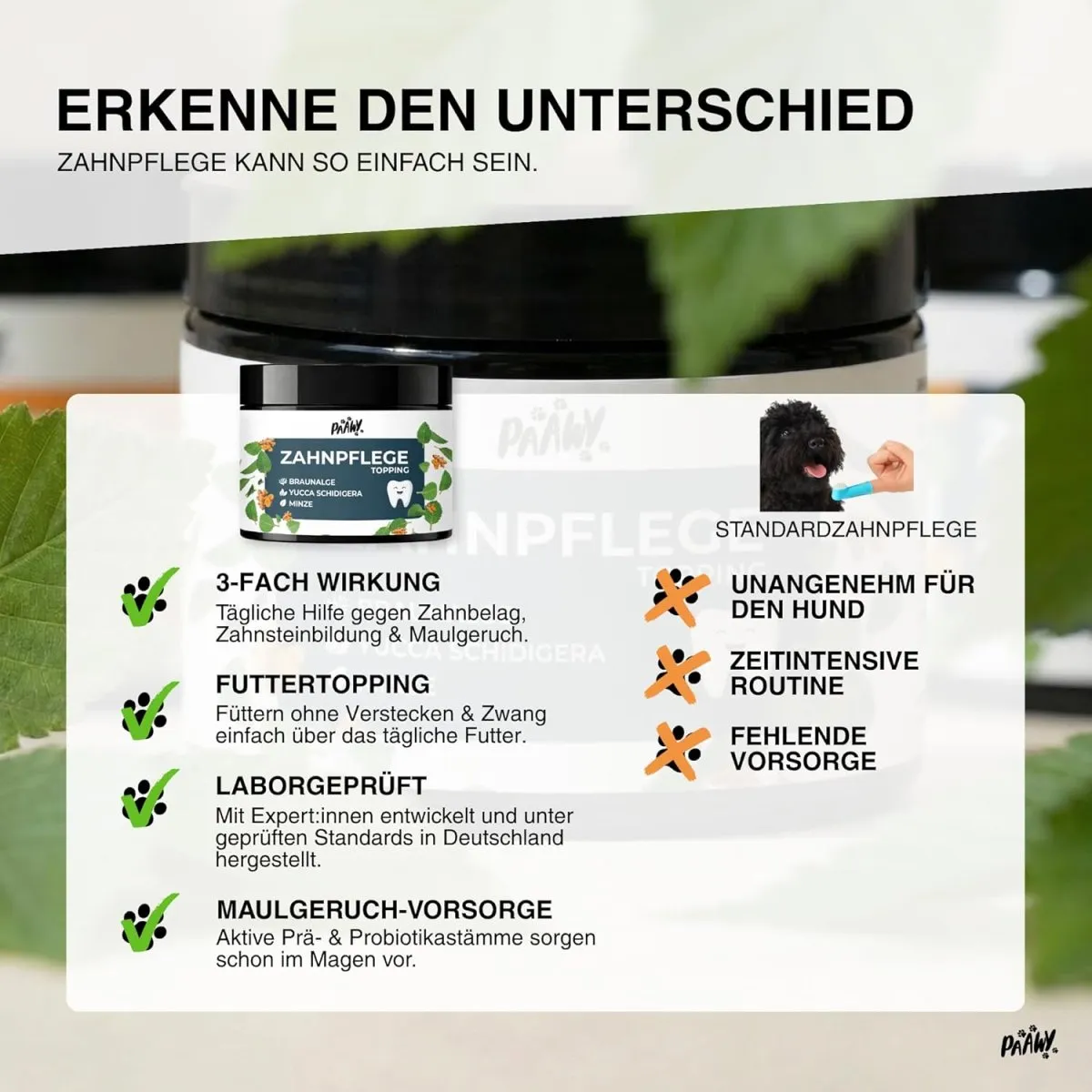 Dental Pulver für Hunde - 9-in-1 Wirkstoff-Komplex Made in Germany - Zahnsteinentferner & Anti-Mundgeruch Futtertopping - einfache Zahnpflege beim Hund - Zahnputzflocken für tägliche Reinigung — Bild 6