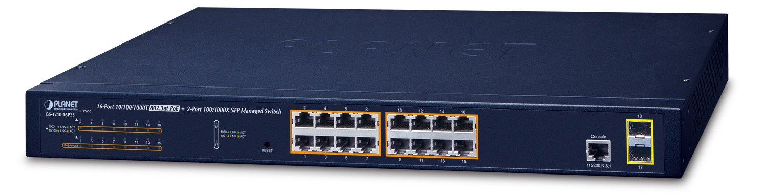 Planet GS-4210-16P2S - Managed - L2/L4 - Gigabit Ethernet (10/100/1000) - Power over Ethernet (PoE) - Rack-Einbau - 1U