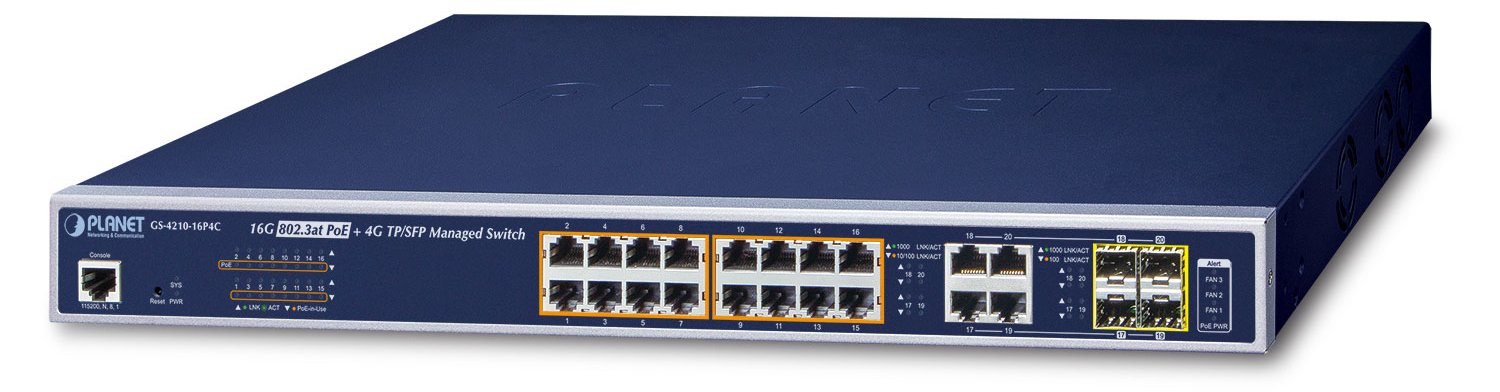 Planet GS-4210-16P4C - Managed - L2/L4 - Gigabit Ethernet (10/100/1000) - Power over Ethernet (PoE) - Rack-Einbau - 1U