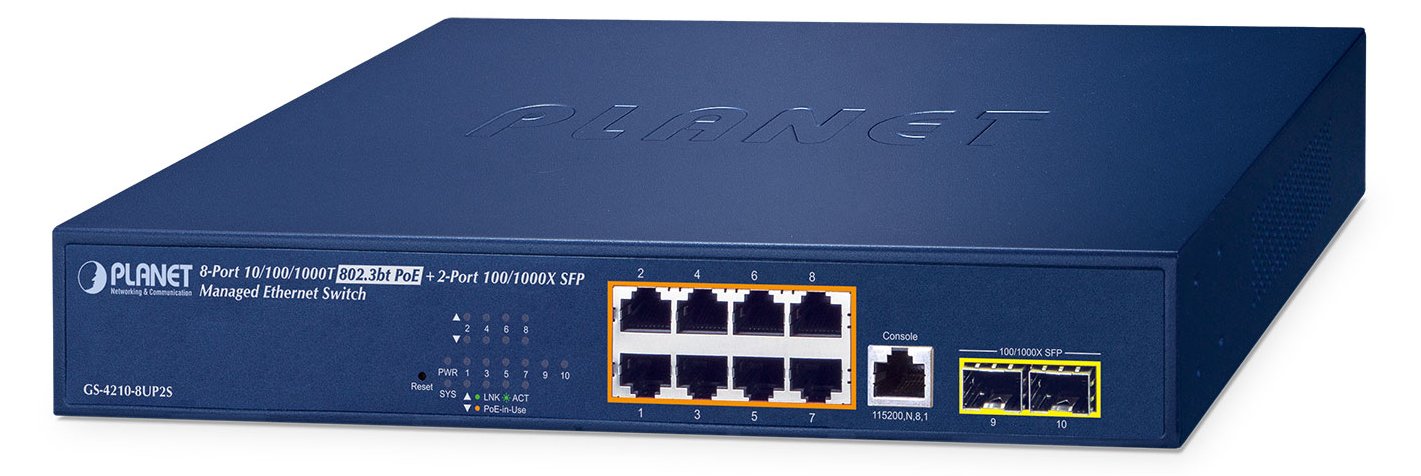 Planet GS-4210-8UP2S IPv6/IPv4 /1000T 802.3bt 95W PoE+ - Switch - 0,1 Gbps
