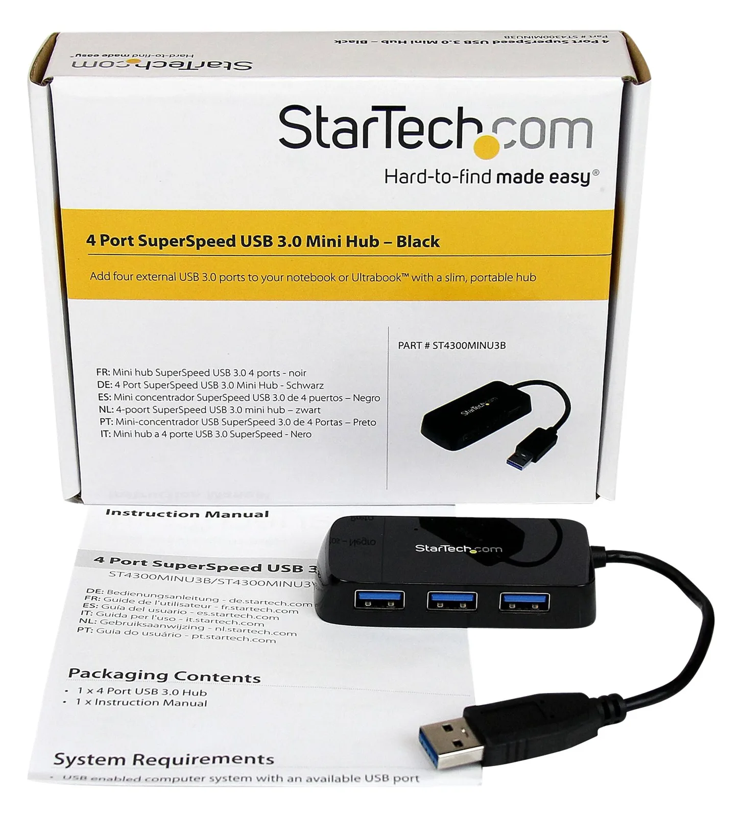 StarTech.com 4 Port USB 3.0 SuperSpeed Hub - Schwarz - 0,145 m, Ansicht 2