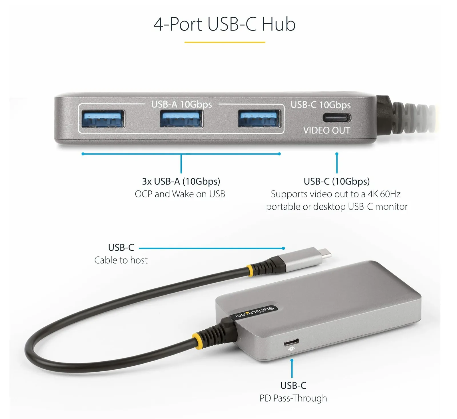 StarTech.com 4-Port USB-C Hub with USB-C DP Alt Mode Video Output 4K 60Hz, 3x USB-A, 1x USB-C, 100W Power Delivery Pass, Ansicht 3