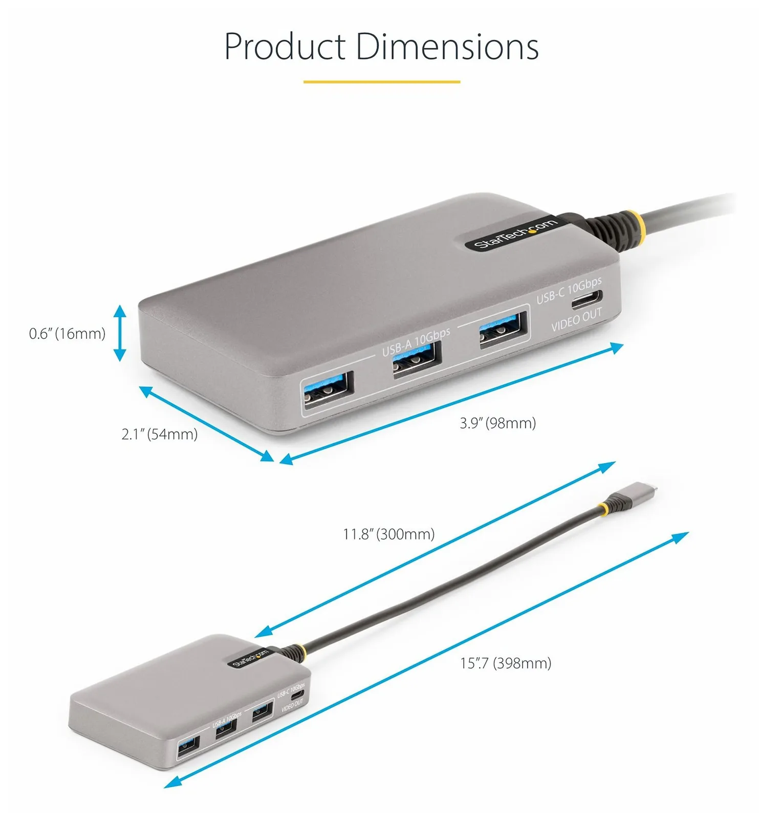 StarTech.com 4-Port USB-C Hub with USB-C DP Alt Mode Video Output 4K 60Hz, 3x USB-A, 1x USB-C, 100W Power Delivery Pass, Ansicht 4