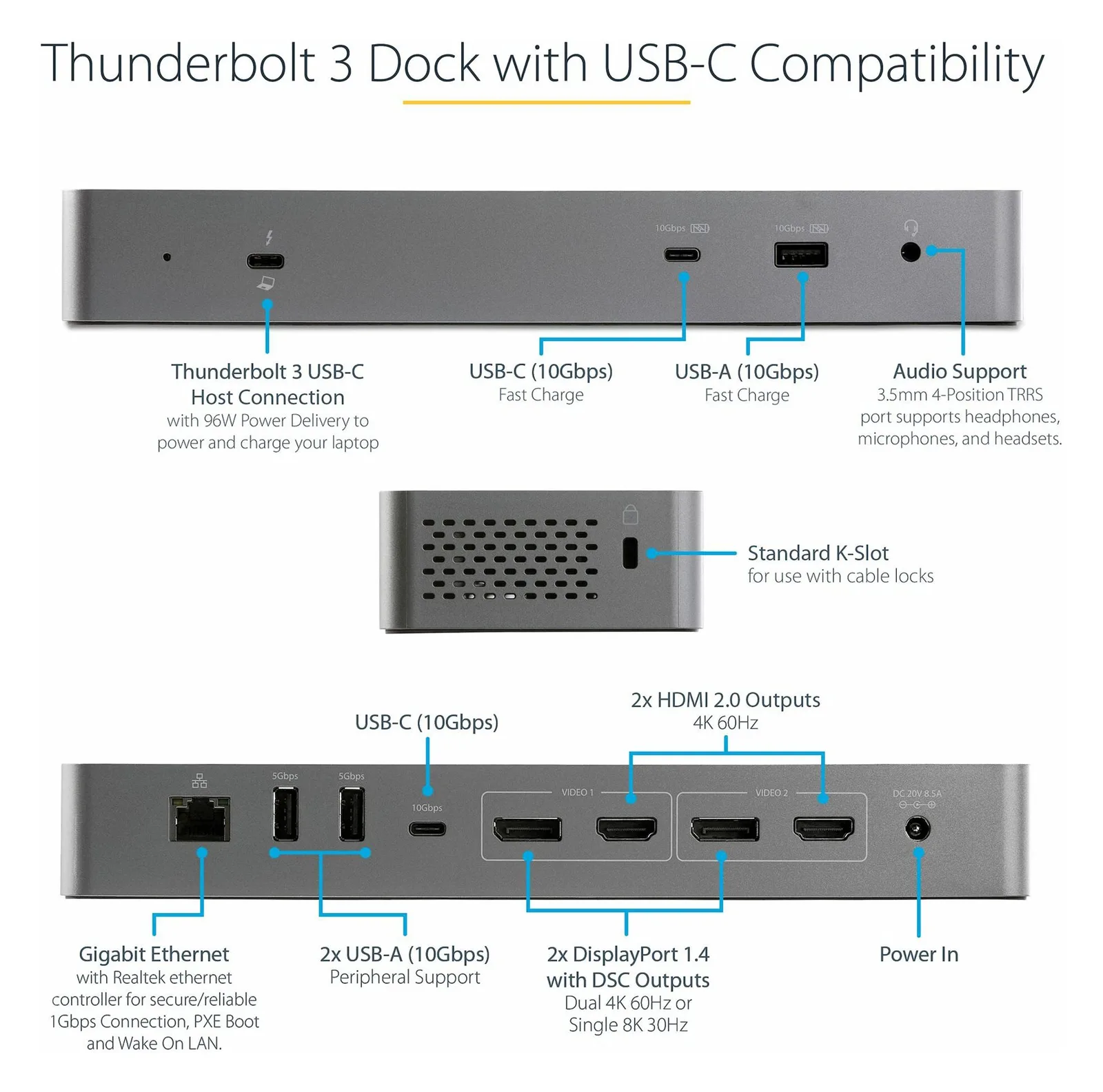 StarTech.com Thunderbolt 3 Dock mit USB-C Host-Kompatibilität - Dual 4K 60Hz DisplayPort 1.4 oder Dual HDMI Monitor, Ansicht 3