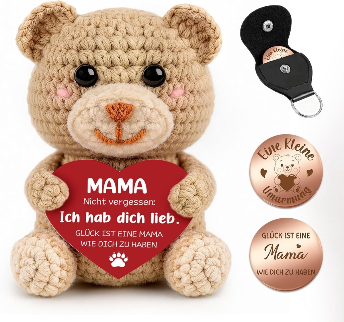 Giftota Muttertagsgeschenke für Mama, Handgehäkelter Bär mit Glücksmünze & Lederetui - Geschenke für Mama von Tochter Sohn, Beste Mama Geschenke zum Geburtstag, Muttertag, Jubiläum