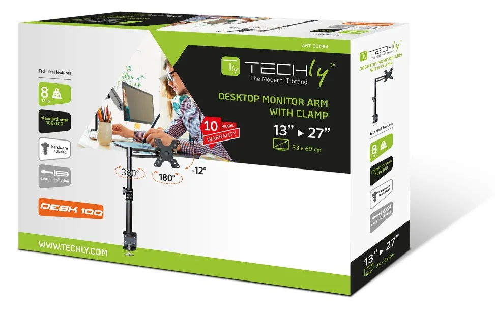 Techly Befestigungskit (Spannbefestigung für Tisch, Halterung für Display, Schwenkarm) für LCD-Display - Schwarz, Ansicht 2
