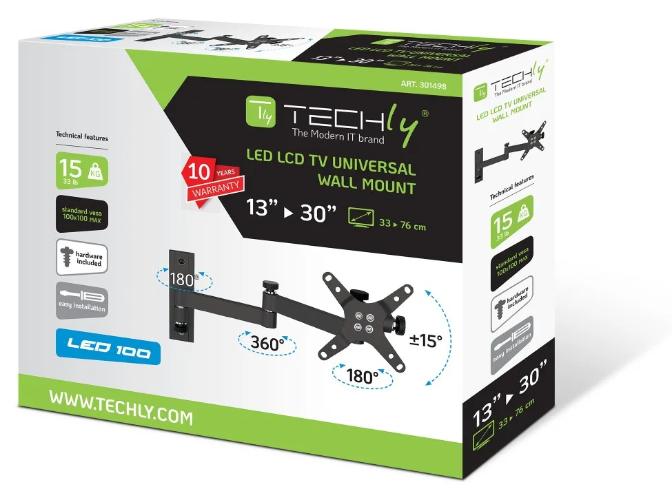 Techly LED 100 - Befestigungskit (Schwenkarm-Wandhalterung) für LCD TV - Schwarz - Bildschirmgröße: 33-76.2 cm (13-30), Ansicht 2