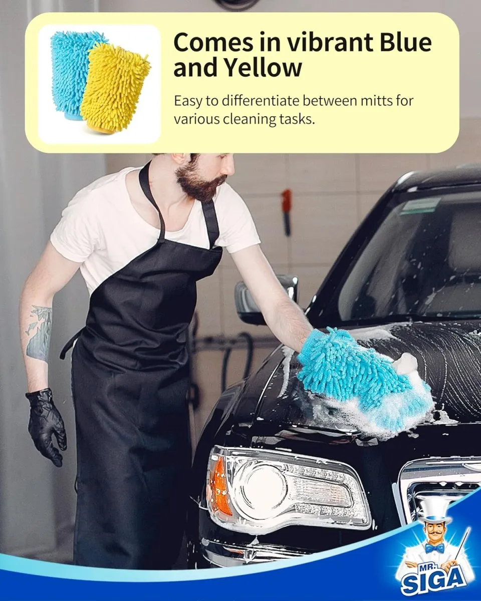 MR.SIGA Hochwertig Mikrofaser Waschhandschuh Weiche Chenille Autowaschhandschuh, 2 Stück, Blau & Gelb — Bild 7