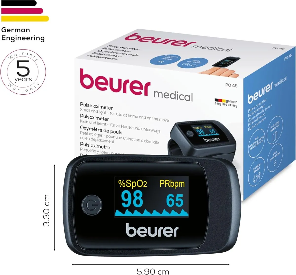 Beurer PO 45 Pulsoximeter, Messung von Sauerstoffsättigung (SpO2), Herzfrequenz (Puls) & Perfusions Index (PI), schmerzfreie Anwendung, Farbdisplay, 1 Stück (1er Pack) — Bild 6