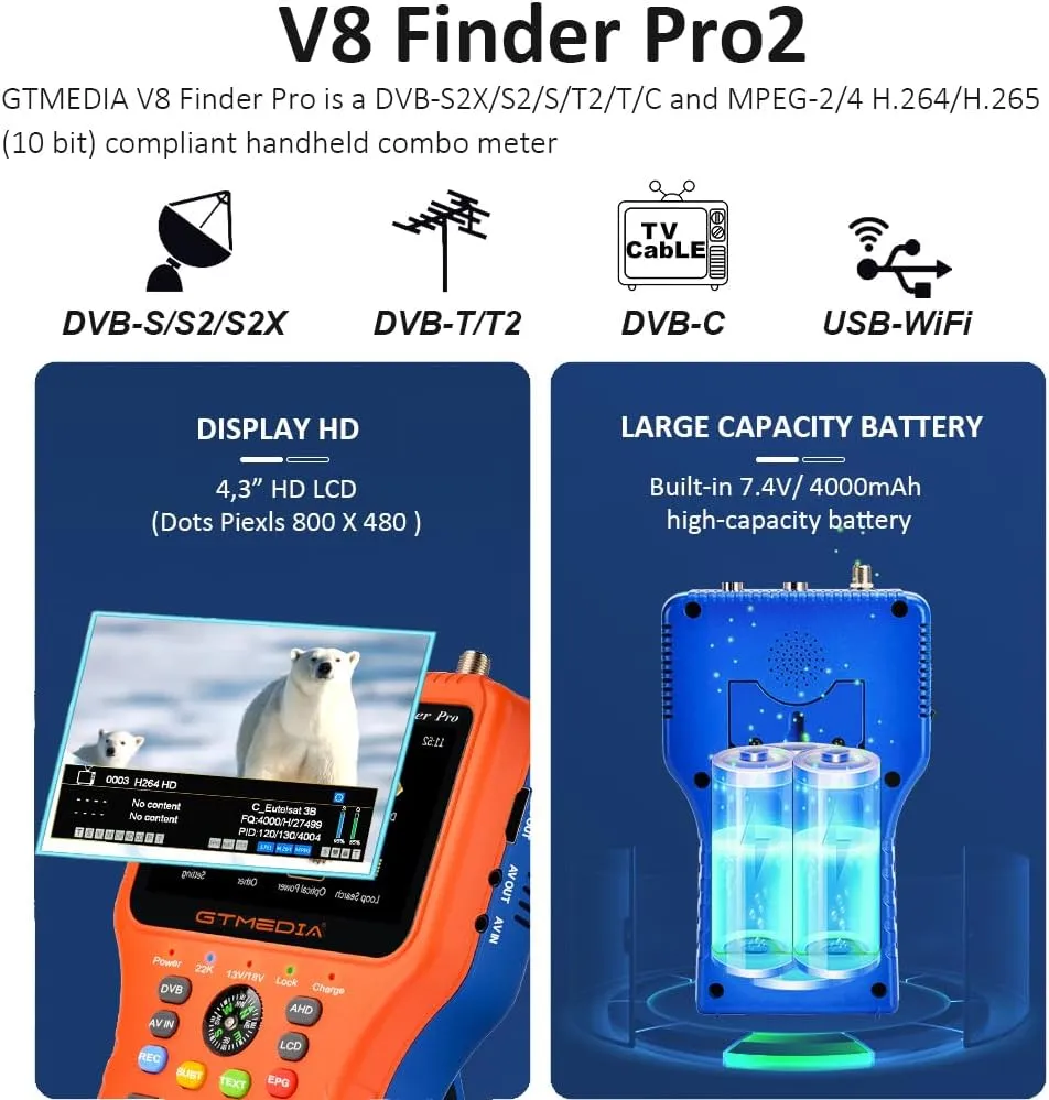 GTMEDIA V8 Finder Pro Satellite Signal Finder DVB-S2X/S2/S/T2/T/C/ATSC-C MPEG-2/4 H.264/H.265 (10 Bit) Combo Meter Auto Calculate Angle of AZ EL — Bild 2