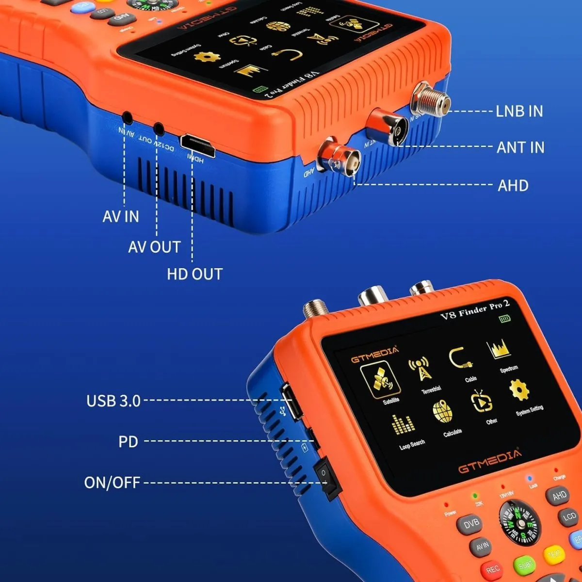 GTMEDIA V8 Finder Pro Satellite Signal Finder DVB-S2X/S2/S/T2/T/C/ATSC-C MPEG-2/4 H.264/H.265 (10 Bit) Combo Meter Auto Calculate Angle of AZ EL — Bild 5