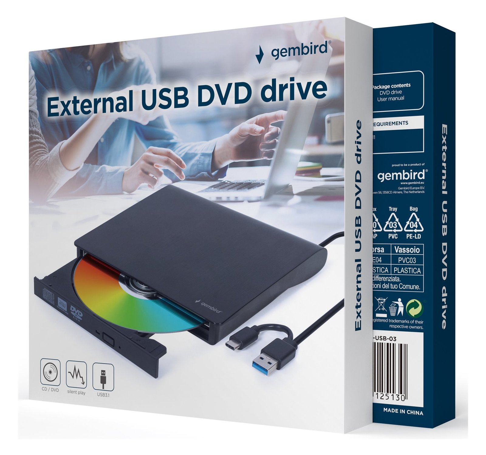 Gembird DVW EXT SLIM DVD-USB-031 black USB-C&3.1 DVD CD - DVD-Brenner - CD: 24x (DVD-USB-031) - DVD-Brenner - CD: 24x von LumaTech