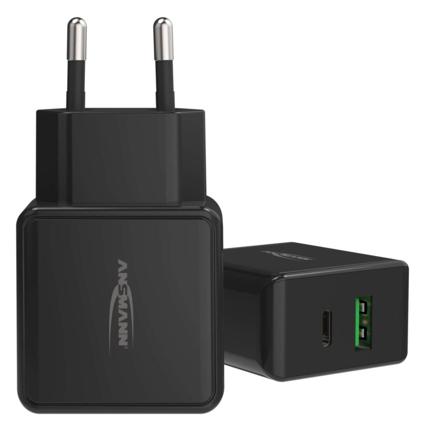 Ansmann HC218PD - Netzteil - 18 Watt - 3000 mA - PD, QC 3.0 - 2 Ausgabeanschlussstellen (USB, 24 pin USB-C) - Schwarz