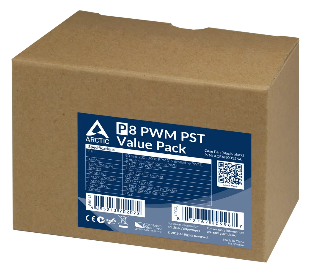 Arctic P8 PWM PST Value Pack - 80 mm PWM PST Lüfter optimiert für statischen Druck - Ventilator - 8 cm - 3000 RPM, Ansicht 3