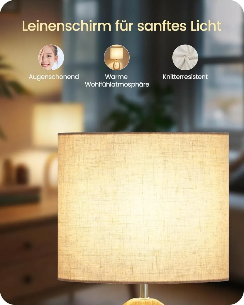 Nachttischlampe aus Holz, Moderne Tischlampe Wohnzimmer, Beige Nachttischlampe mit Kabel, Fensterbank Lampe, E27 2700K LED-Birne, für Schlafzimmer, Nachttisch, Geschenk, Hotel — Bild 3