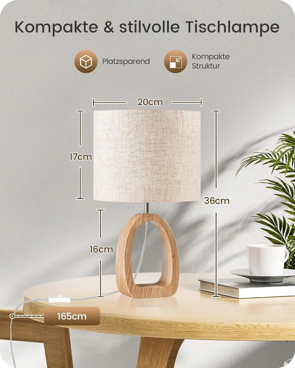 Nachttischlampe aus Holz, Moderne Tischlampe Wohnzimmer, Beige Nachttischlampe mit Kabel, Fensterbank Lampe, E27 2700K LED-Birne, für Schlafzimmer, Nachttisch, Geschenk, Hotel — Bild 5