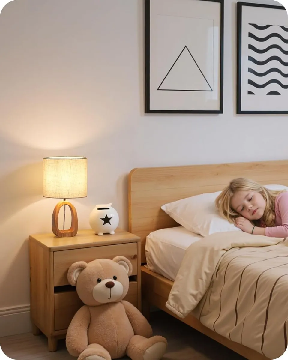 Nachttischlampe aus Holz, Moderne Tischlampe Wohnzimmer, Beige Nachttischlampe mit Kabel, Fensterbank Lampe, E27 2700K LED-Birne, für Schlafzimmer, Nachttisch, Geschenk, Hotel — Bild 8