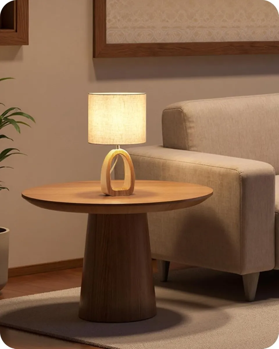 Nachttischlampe aus Holz, Moderne Tischlampe Wohnzimmer, Beige Nachttischlampe mit Kabel, Fensterbank Lampe, E27 2700K LED-Birne, für Schlafzimmer, Nachttisch, Geschenk, Hotel — Bild 9