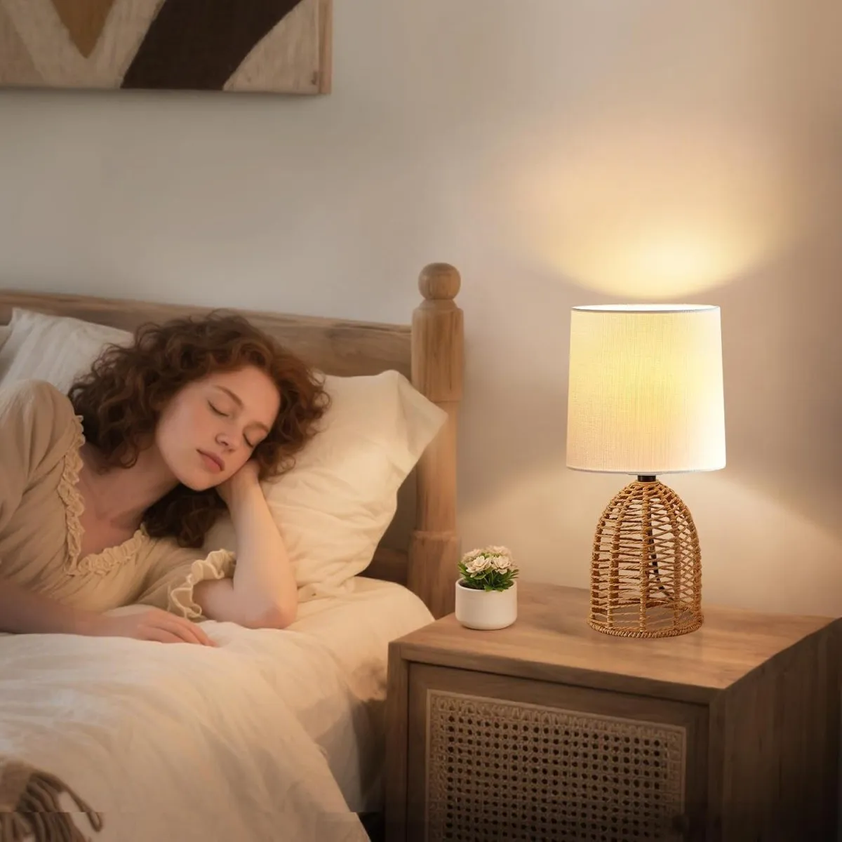 GyroVu Nachttischlampe 2er Set Rattan, Boho Tischlampe, E27 Fassung, Kleine Lampen für Räume Schlafzimmer Nachttisch Tischleuchte Wohnzimmer Lesepult Beistelltischlampe — Bild 2
