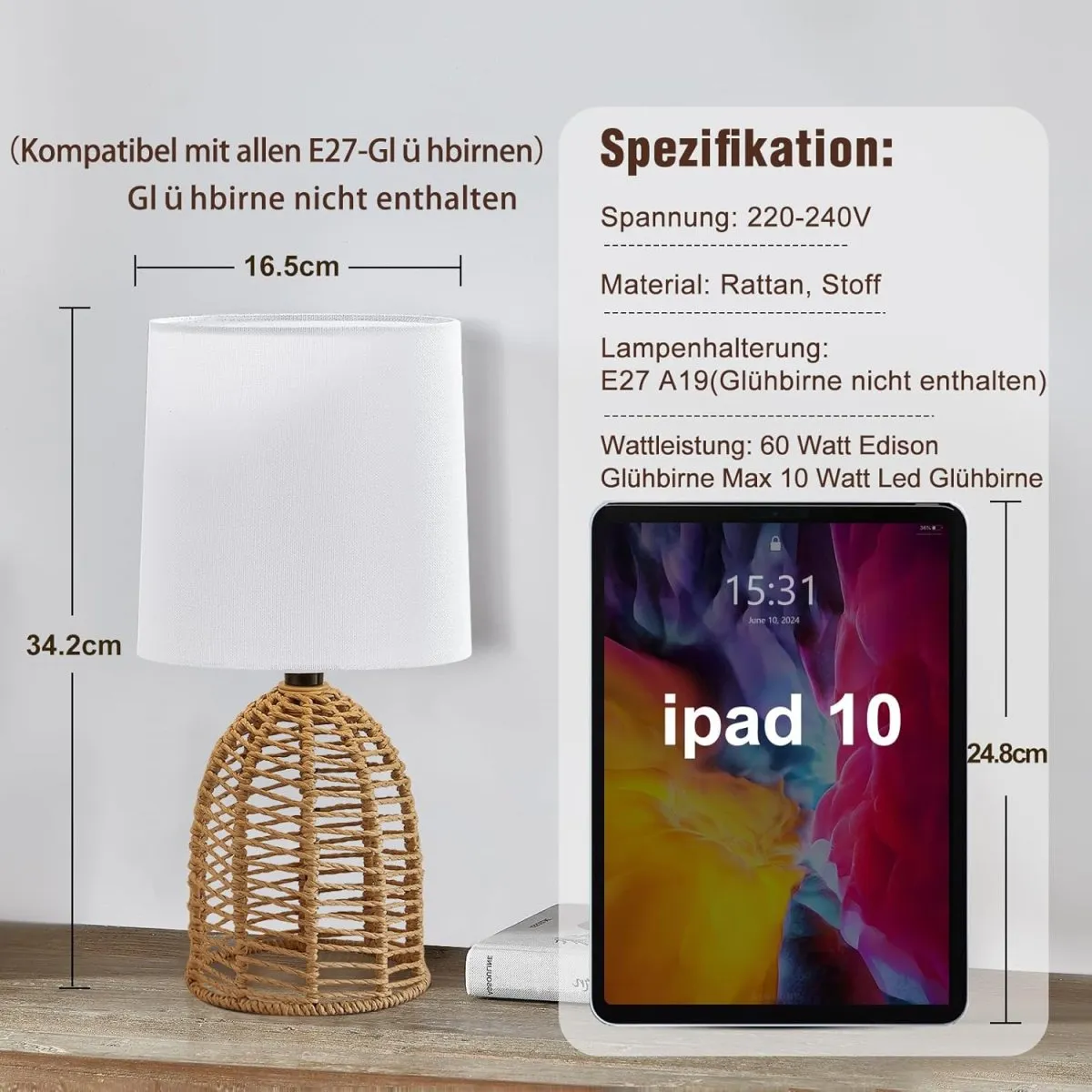 GyroVu Nachttischlampe 2er Set Rattan, Boho Tischlampe, E27 Fassung, Kleine Lampen für Räume Schlafzimmer Nachttisch Tischleuchte Wohnzimmer Lesepult Beistelltischlampe — Bild 3