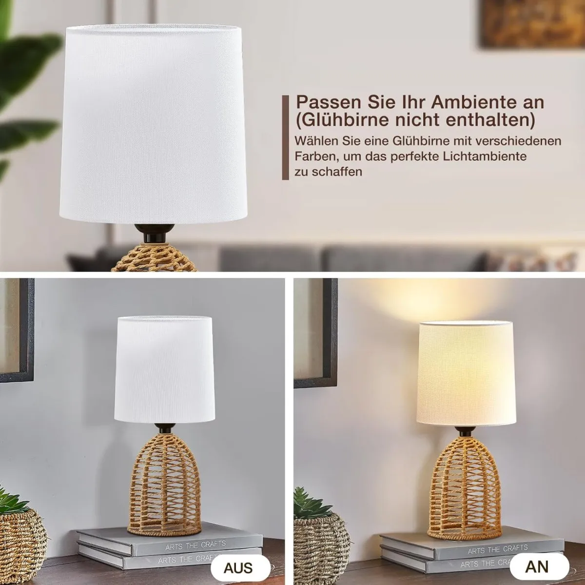 GyroVu Nachttischlampe 2er Set Rattan, Boho Tischlampe, E27 Fassung, Kleine Lampen für Räume Schlafzimmer Nachttisch Tischleuchte Wohnzimmer Lesepult Beistelltischlampe — Bild 4