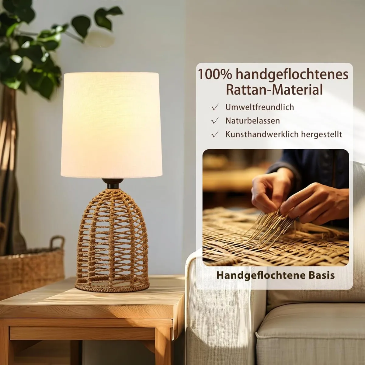 GyroVu Nachttischlampe 2er Set Rattan, Boho Tischlampe, E27 Fassung, Kleine Lampen für Räume Schlafzimmer Nachttisch Tischleuchte Wohnzimmer Lesepult Beistelltischlampe — Bild 5