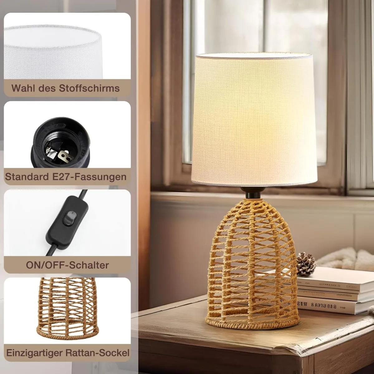 GyroVu Nachttischlampe 2er Set Rattan, Boho Tischlampe, E27 Fassung, Kleine Lampen für Räume Schlafzimmer Nachttisch Tischleuchte Wohnzimmer Lesepult Beistelltischlampe — Bild 6