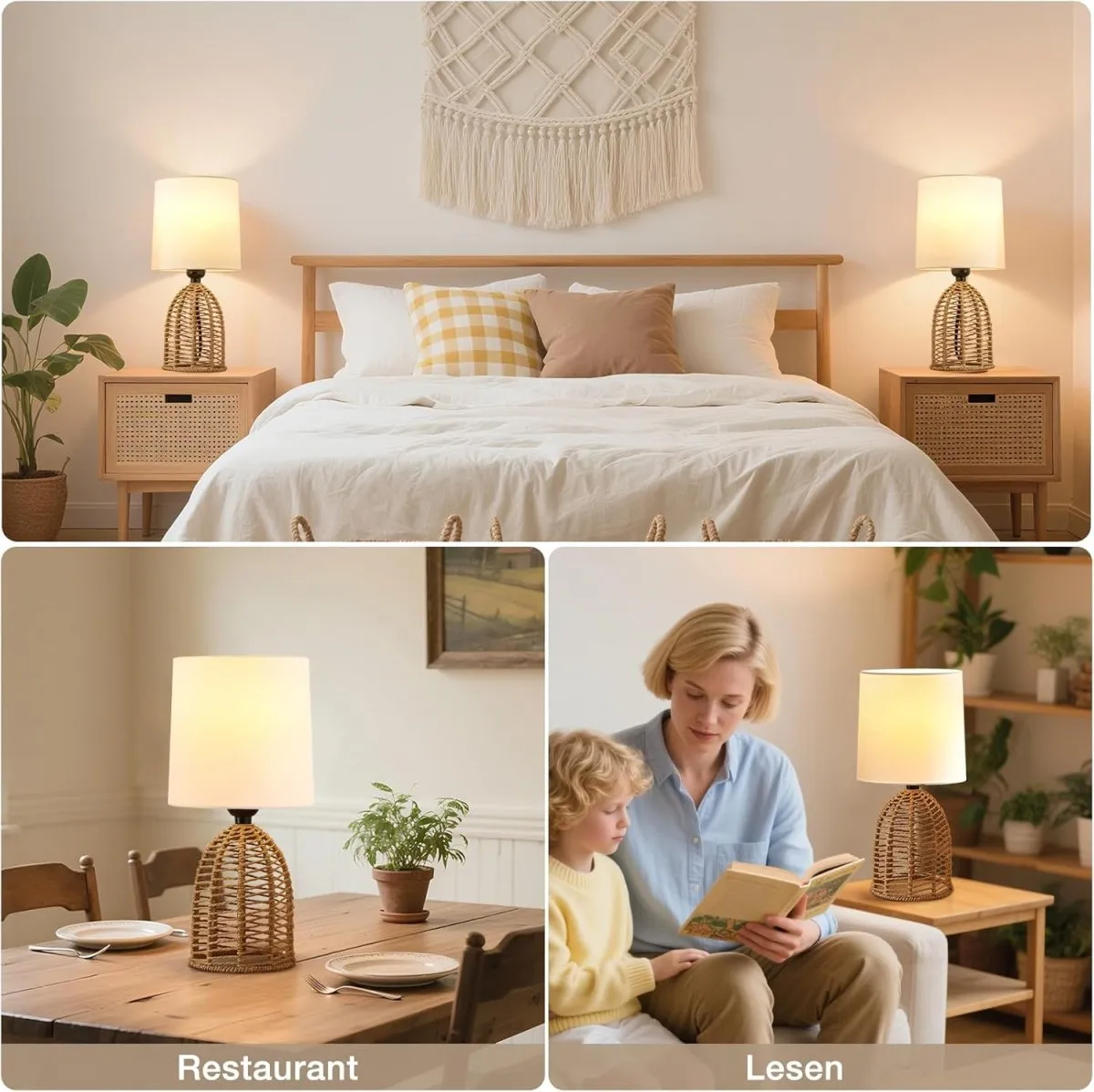 GyroVu Nachttischlampe 2er Set Rattan, Boho Tischlampe, E27 Fassung, Kleine Lampen für Räume Schlafzimmer Nachttisch Tischleuchte Wohnzimmer Lesepult Beistelltischlampe — Bild 7