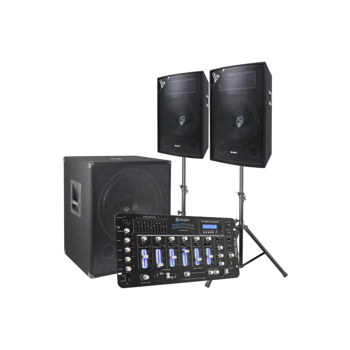 Vonyx 2.1 DJ Lautsprecher Set, Mobile PA Anlage Komplettset, 1600 Watt DJ Boxen, Beschallungsanlage Komplett Set, 2X Top-Speaker, 1x Subwoofer, Bluetooth Mischpult, Kabel, Boxenständer, Tasche